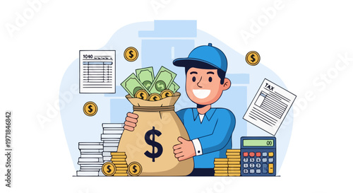 Smiling cartoon character holding money bag.