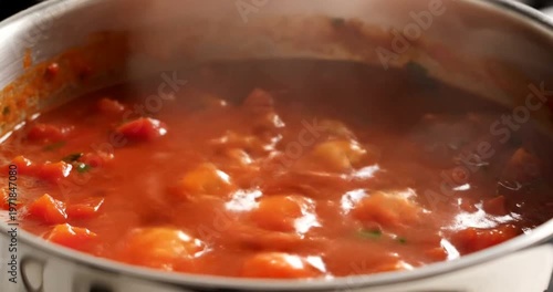 Hearty bean stew in metal pot.