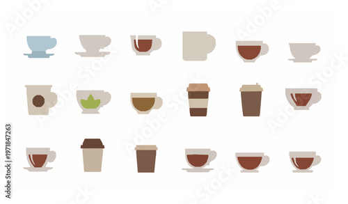 Tea Cups Flat Icon Set Hot Beverage Drink Vector Collection