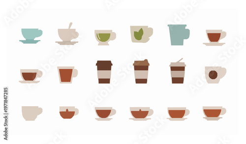 Tea Cups Flat Icon Set Hot Beverage Drink Vector Collection