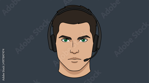 Man Wearing Headset Looking Ahead.