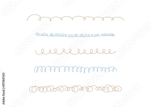 いろいろな種類のぐるぐるした手描きのラインセット2（茶色・青）