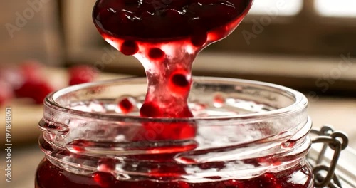 Red jam in a glass jar.