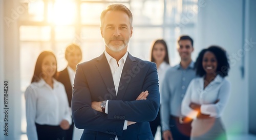 Mature businessman with grey beard leading a diverse team of professionals in a bright sunlit office with warm golden hour light from the window