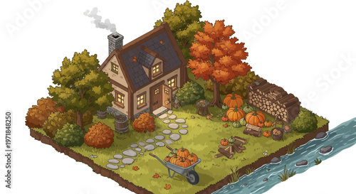 Autumnal cottage scene with pumpkins and firewood on a grassy island