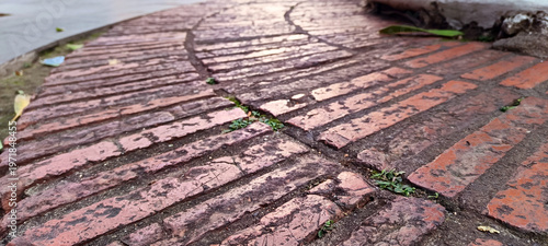Curved red brick structure with moss