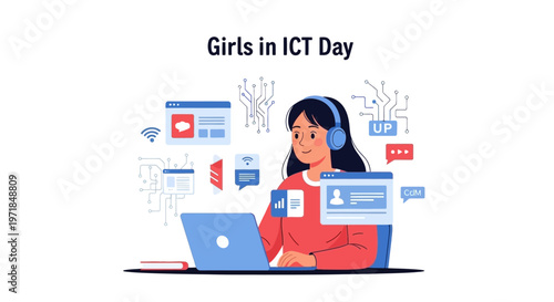 A young businesswoman in tech is depicted with a laptop and headset, surrounded by coding interfaces and digital network elements in a flat vector illustration against a clean white