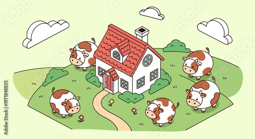 Cartoon cows surround a house on a green hillside illustration