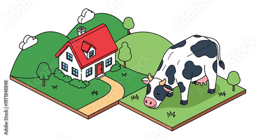 Cartoon cow grazing near house on green hills isometric illustration