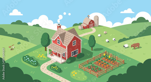 Cartoon farm scene with house barn and animals on rolling green hills