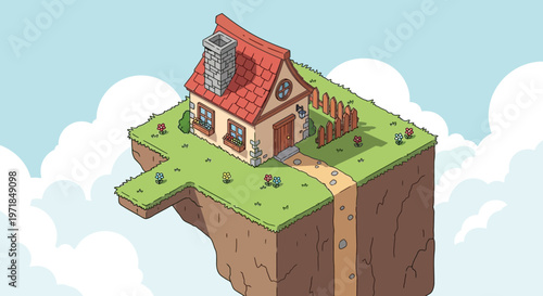 Cartoon floating island house illustration whimsical design with copy space