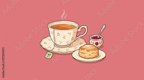 Tea Cup with Pastry and Jam.