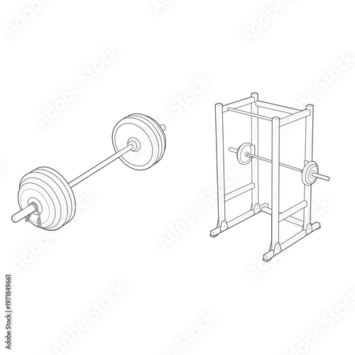 Isometric power rack station and loaded floor barbell linear drawing
