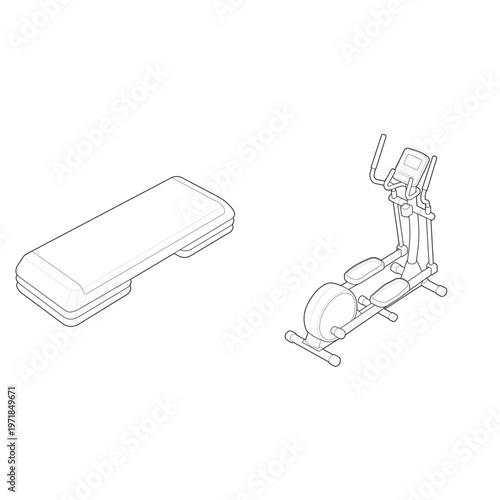 Isometric rear drive elliptical and step bench bundle linear drawing