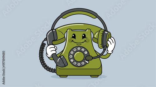 Vintage Green Telephone Cartoon Character.