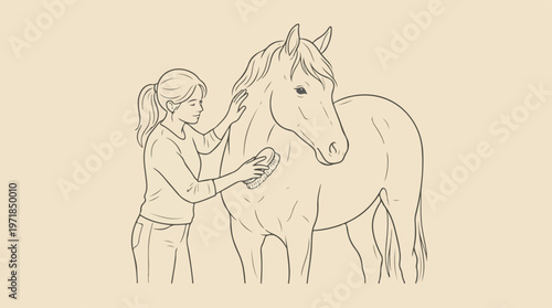 Woman Strokes Horse Mane Gently.