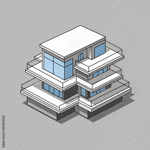 Modern multi-level house with balconies.