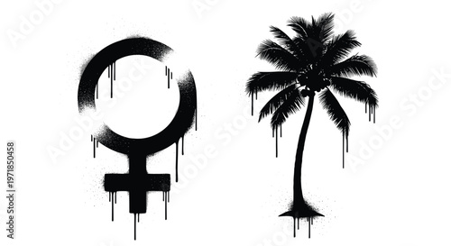 Female gender symbol and palm tree graffiti set with black spray paint drips and urban splatter on white background