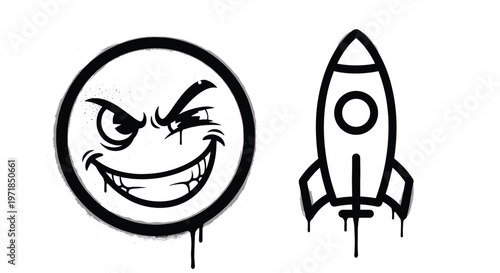 Graffiti winking emoji and rocket ship vector set with bold black outlines and urban spray drips on white