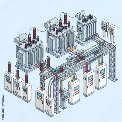 Isometric illustration of industrial electrical substation equipment and control systems.