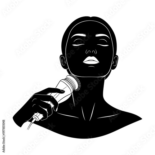 Radiant Ritual: An illustration showcasing a woman indulging in a revitalizing beauty routine, employing a cleansing brush to enhance her skincare regimen.