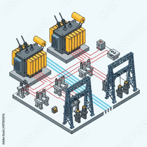 Industrial isometric illustration of power transformers and electrical infrastructure.
