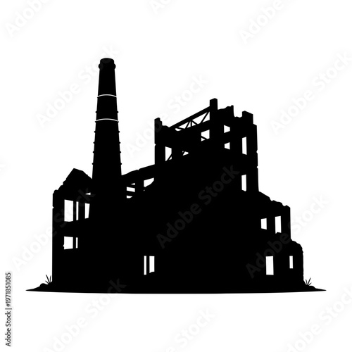 Industrial Ruins Silhouette: A stark black silhouette of a derelict industrial structure stands against a blank expanse, depicting the remnants of industry.