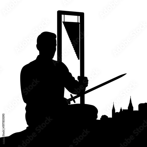 The Executioner Silhouette: A stark silhouette depicts an executioner standing beside a guillotine, a chilling representation of the consequences of decisions and actions.