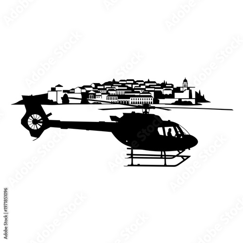 Skyborne Vista: A sleek helicopter gracefully navigates the open air, with an intricate town skyline as its backdrop, blending the realms of human creation and natural expanses.