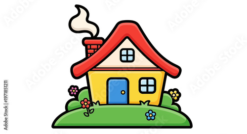 Cartoon house illustration with red roof and chimney on white background