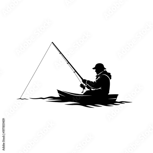 Angler's Serenity on the Water: Silhouette of a solitary angler in a small boat, casting a line into calm water, embodying the peace and solitude of fishing.