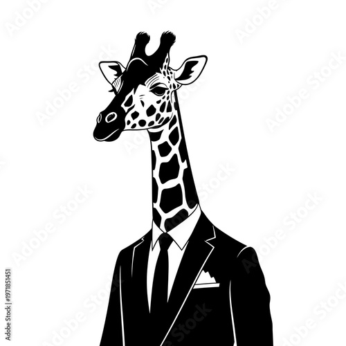 Sophisticated Giraffe in Suit: A giraffe, adorned in a tailored suit and tie, exudes an air of refined professionalism, capturing a blend of animal grace and human sophistication.