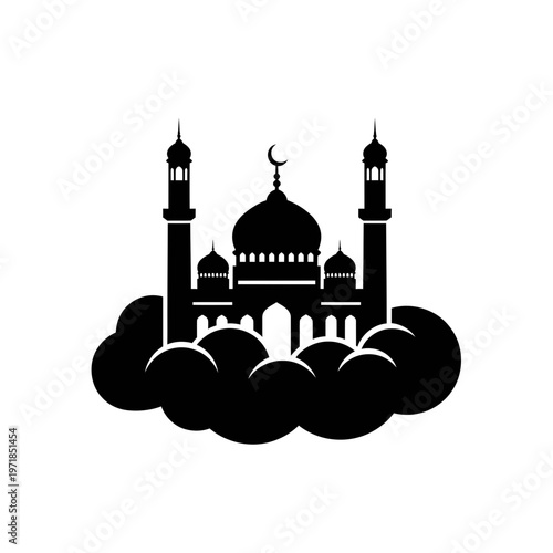 Islamic Mosque Silhouette: An elegant silhouette of a mosque, showcasing its distinctive architecture with minarets, a dome, and crescent moon, is set against a serene background.