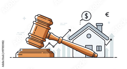 Judge gavel on block beside house.