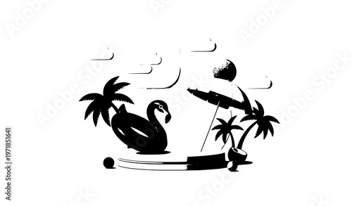 Summer sale podium vector with flamingo float palm trees and beach umbrella tropical banner design elements