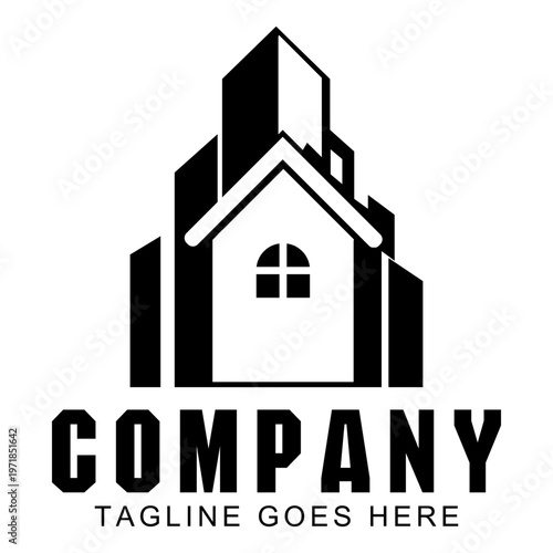 Modern real estate logo featuring a house silhouette against a city skyline