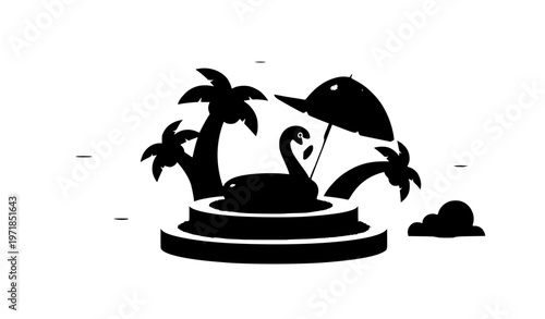 Cartoon summer sale banner vector with flamingo pool float podium palm trees umbrella and tropical elements