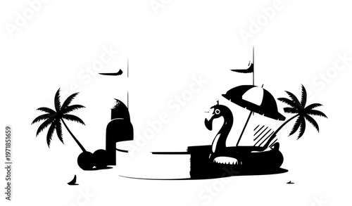 Minimal summer sale podium vector with flamingo inflatable ring palm trees umbrella and abstract tropical design