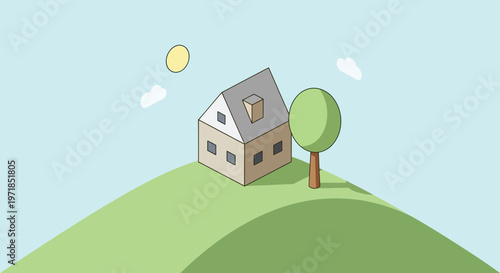 Cartoon house on a hill with sun and tree illustration in bright colors