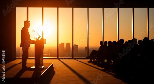 Silhouette of a business speaker at a podium presenting to a large audience in a modern glass conference room during a bright golden hour sunset