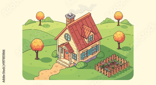 Cartoon house on a hillside cottage trees and garden illustration
