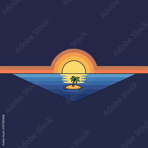 A serene tropical island at sunset.