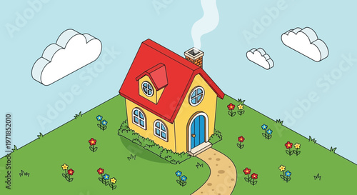 Cartoon house on green hill with clouds and flowers vector illustration