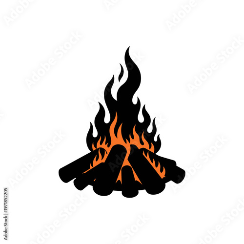 Burning Campfire Silhouette: A captivating illustration of a campfire ablaze, featuring fiery orange flames dancing above neatly stacked wooden logs. A symbol of warmth and adventure.