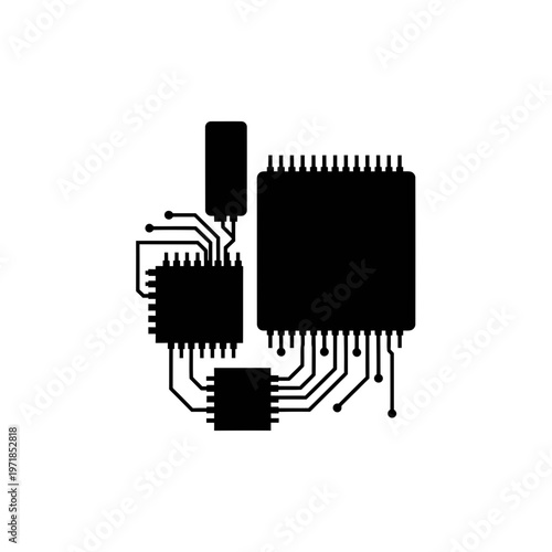 Circuit Board Silhouette: A stark silhouette of an intricate circuit board, illustrating the complex web of modern technology and its central role in information processing.