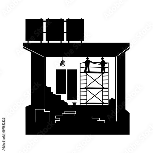 Construction Site Silhouette: An architectural illustration showcases the ongoing construction of a building. Two workers collaborate on scaffolding.