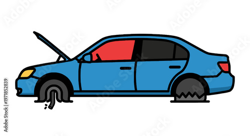 Broken Blue Sedan Car with Flat Tires and Open Hood Roadside Breakdown Illustration