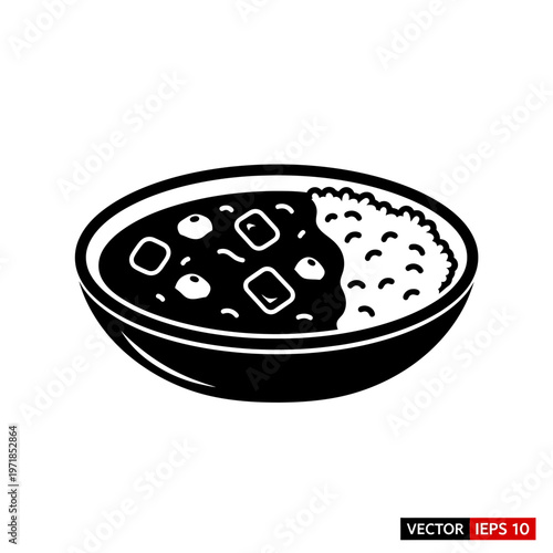 Culinary Harmony: A captivating, monochromatic illustration features a bowl brimming with a savory curry and fluffy rice, an embodiment of comfort and deliciousness.