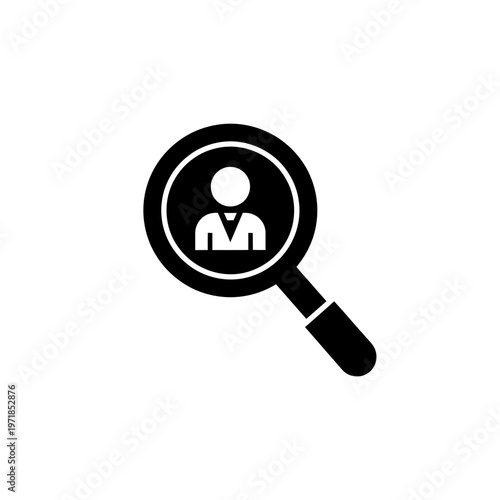 Job Seeker Icon: A simple yet effective graphic of a magnifying glass highlighting the silhouette of a person, symbolizing talent, potential, and human resources.