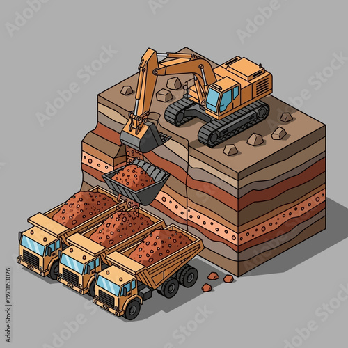 Excavator loading trucks with soil layers.
